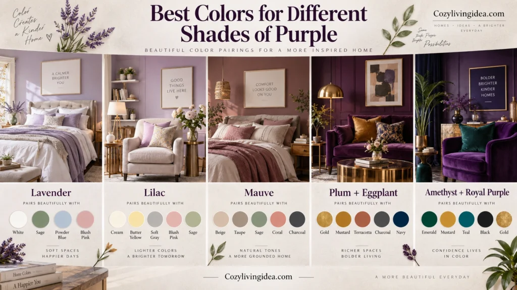 Best colors for lavender, lilac, mauve, plum, eggplant and royal purple shown in room palettes