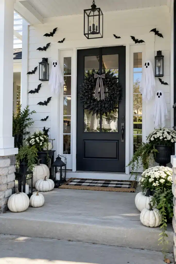 Black and white Halloween front door decor with white pumpkins, black wreath, paper bats and ghost decorations