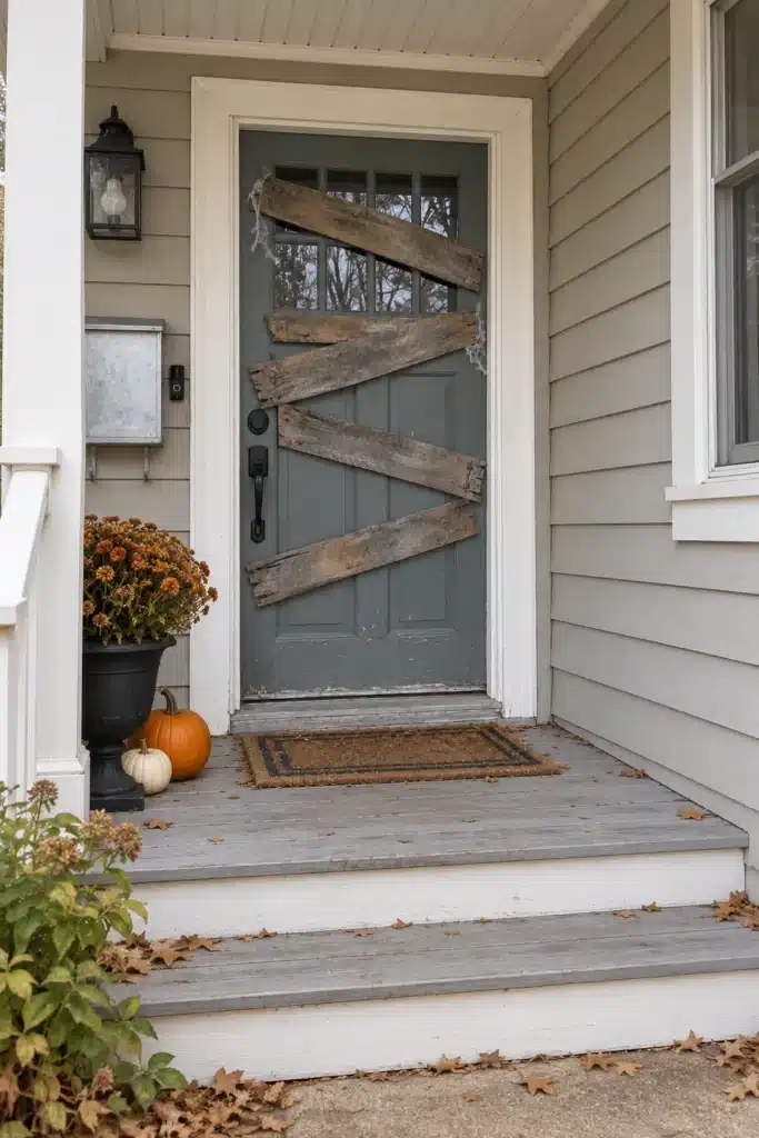 Weathered faux wooden boards across a front door for a haunted Halloween porch decoration