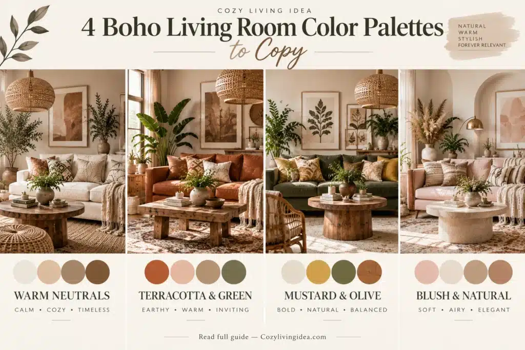 Four boho living room color palettes with warm neutrals, terracotta, olive, wood, and earthy accents