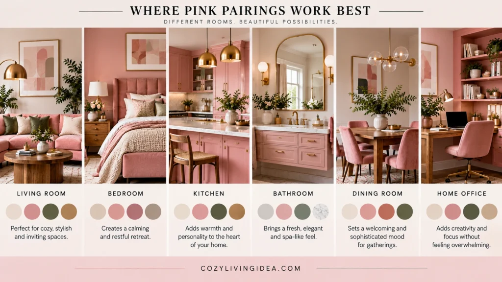 Room-by-room guide showing pink color pairings for living room, bedroom, kitchen, bathroom, dining area and home office