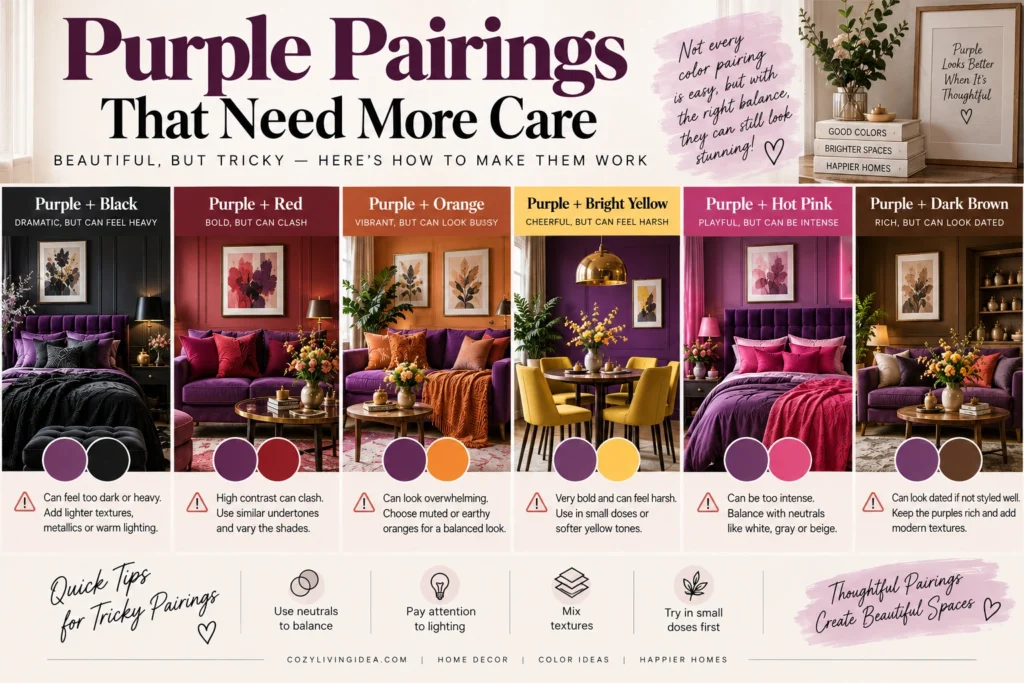 Purple color pairings with black, red, orange, yellow, hot pink and dark brown shown in room examples