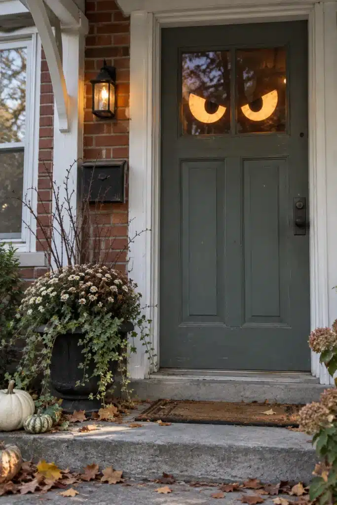 Glowing creepy eyes in the upper window of a front door for simple Halloween door decor