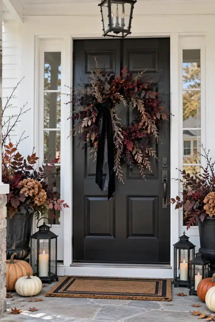 Dark botanical Halloween wreath with black eucalyptus, burgundy leaves and black ribbon on a front door