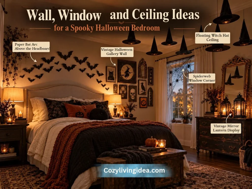 Spooky Halloween bedroom featuring a paper bat wall display, vintage Halloween artwork, spiderweb window corner, floating witch hats and a mirror with glowing lanterns