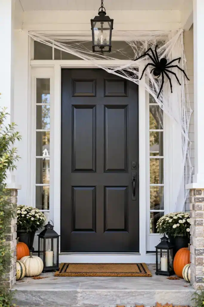 Large white spiderweb with oversized black spider stretched across the upper corner of a black front door