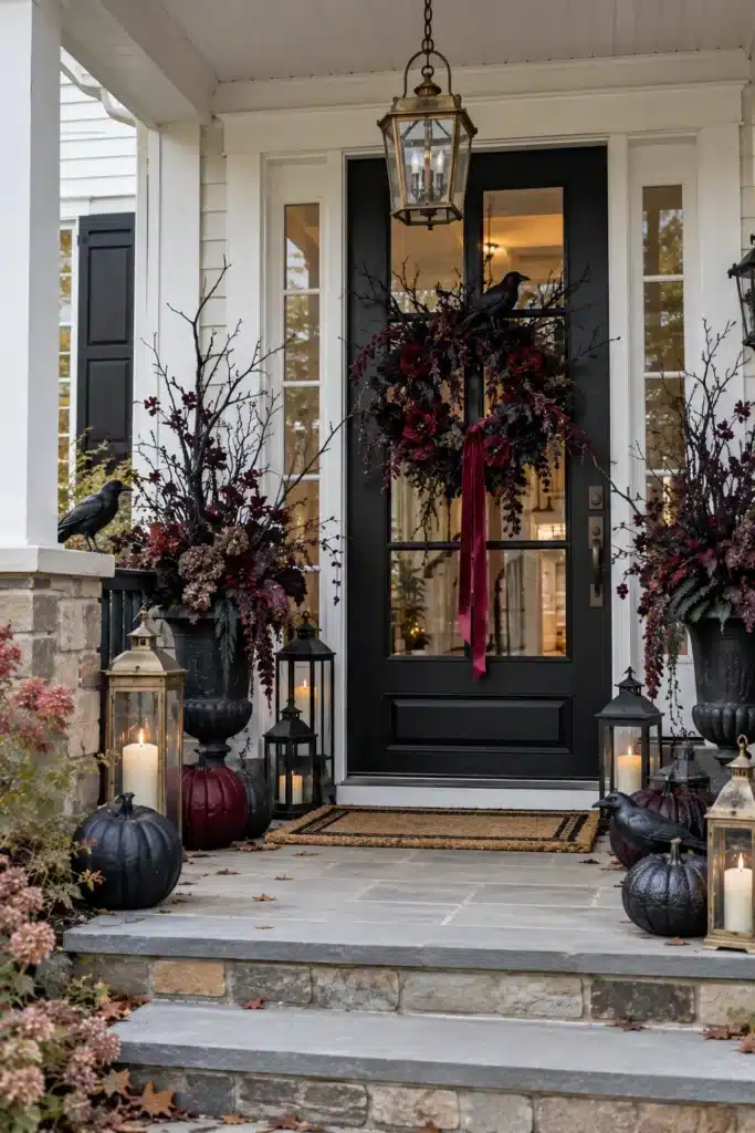 Moody gothic Halloween front door decor with dark wreath, burgundy foliage, black branches, raven and brass lanterns
