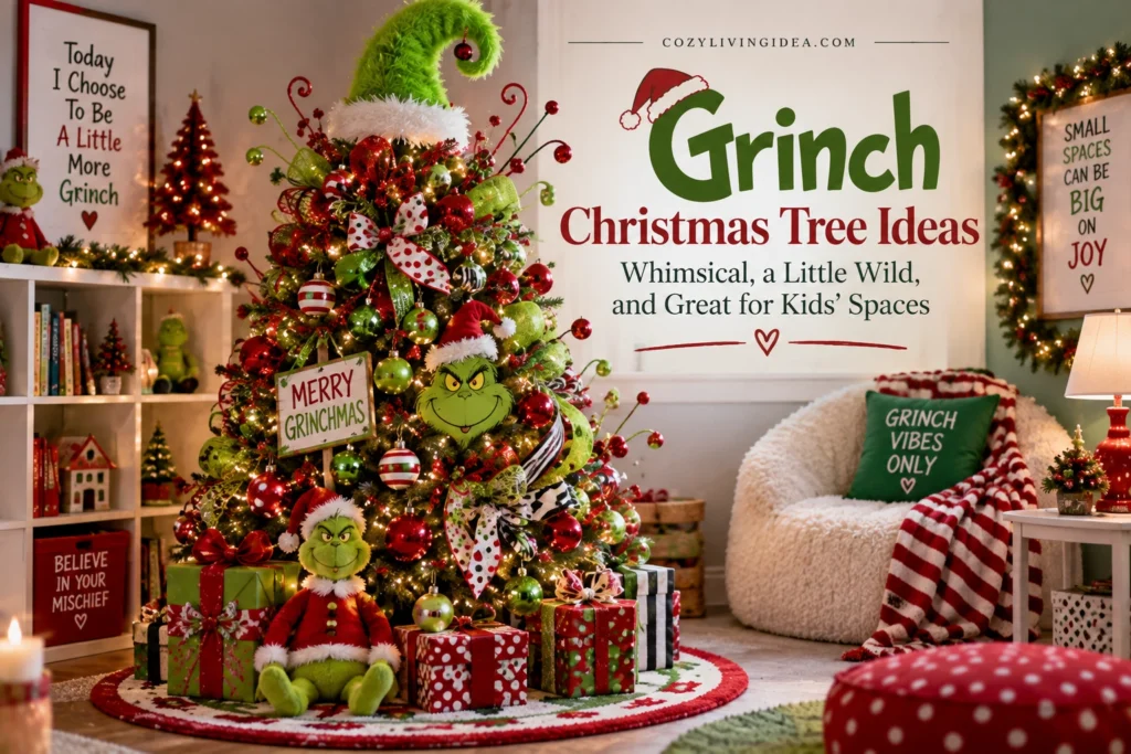 Grinch Christmas tree ideas with green and red ornaments, oversized decorations and playful kids playroom decor