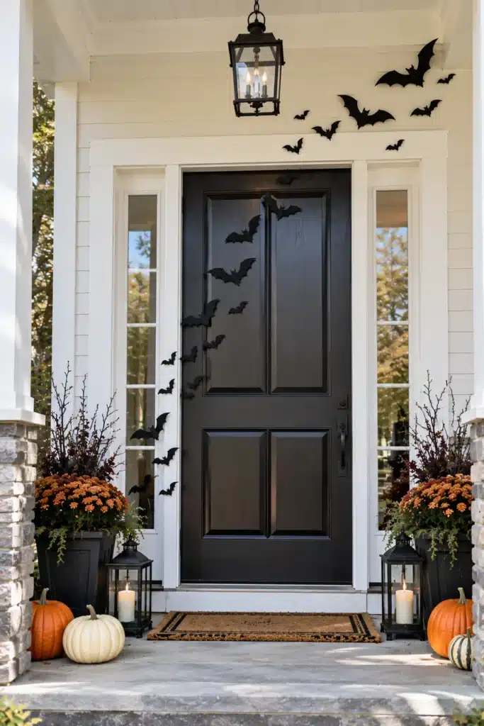 Black paper bats in varied sizes arranged diagonally across a black front door for Halloween