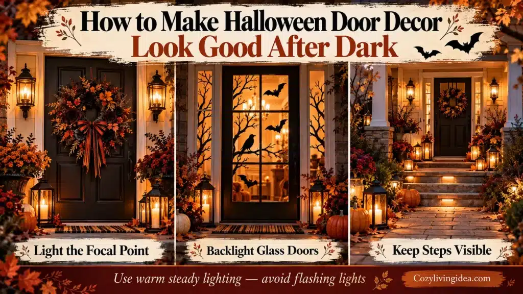 Halloween door decor after dark with warm lighting, backlit glass door silhouettes and illuminated front steps