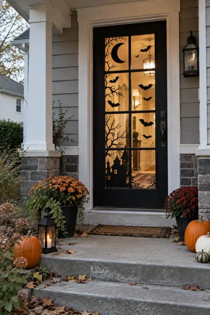 Glass front door with black bat, branch and crescent moon silhouettes glowing with warm interior light
