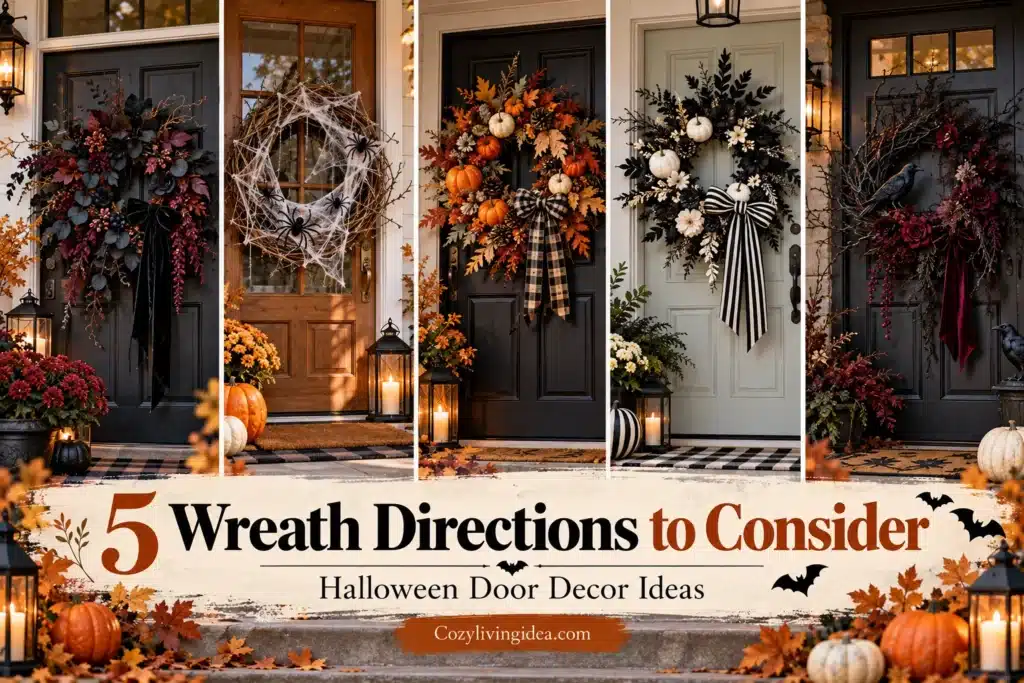 Five Halloween wreath ideas for front doors featuring botanical, spiderweb, pumpkin, black-and-white and gothic styles