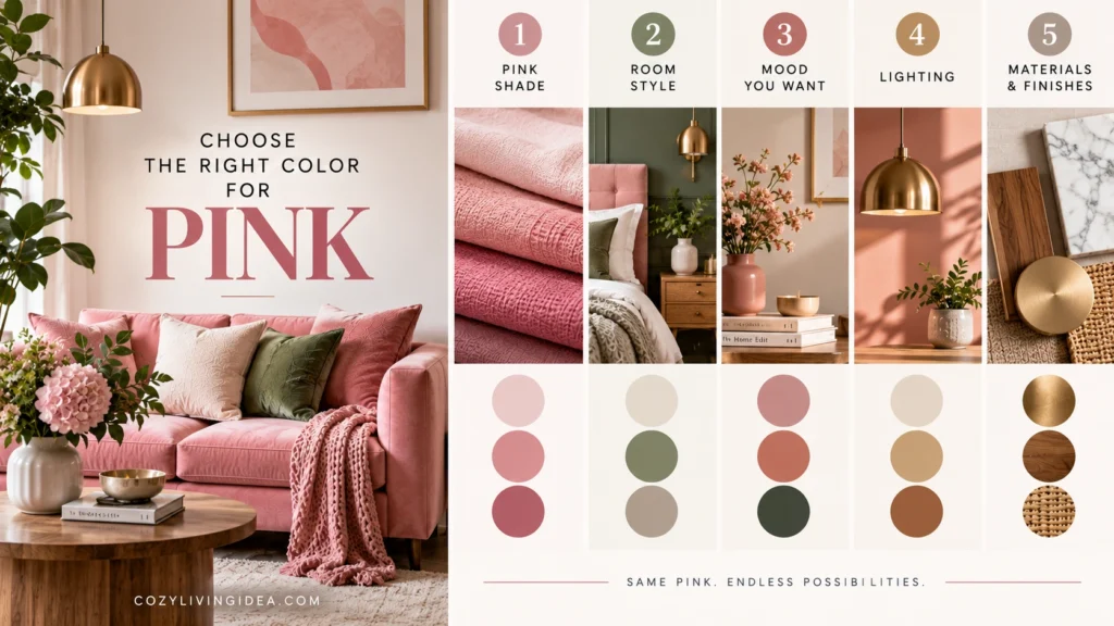 Guide to choosing colors that go with pink based on pink shade, room style, mood, lighting and finishes