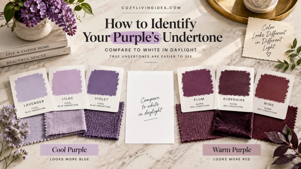 Cool and warm purple paint swatches compared with white to identify purple undertones