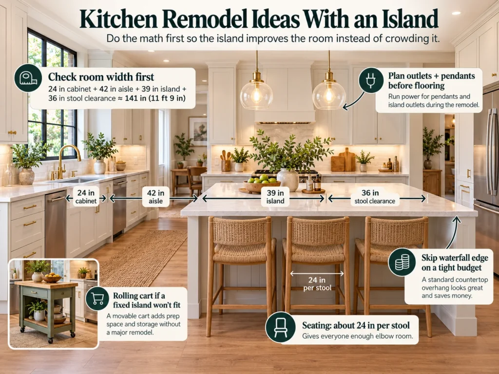 Kitchen remodel with an island showing 42-inch aisle clearance, seating space and island layout measurements