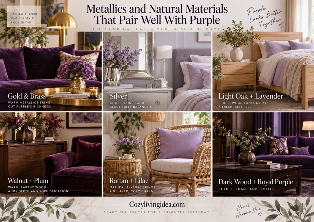 Purple interiors paired with gold, silver, light oak, walnut, rattan and dark wood