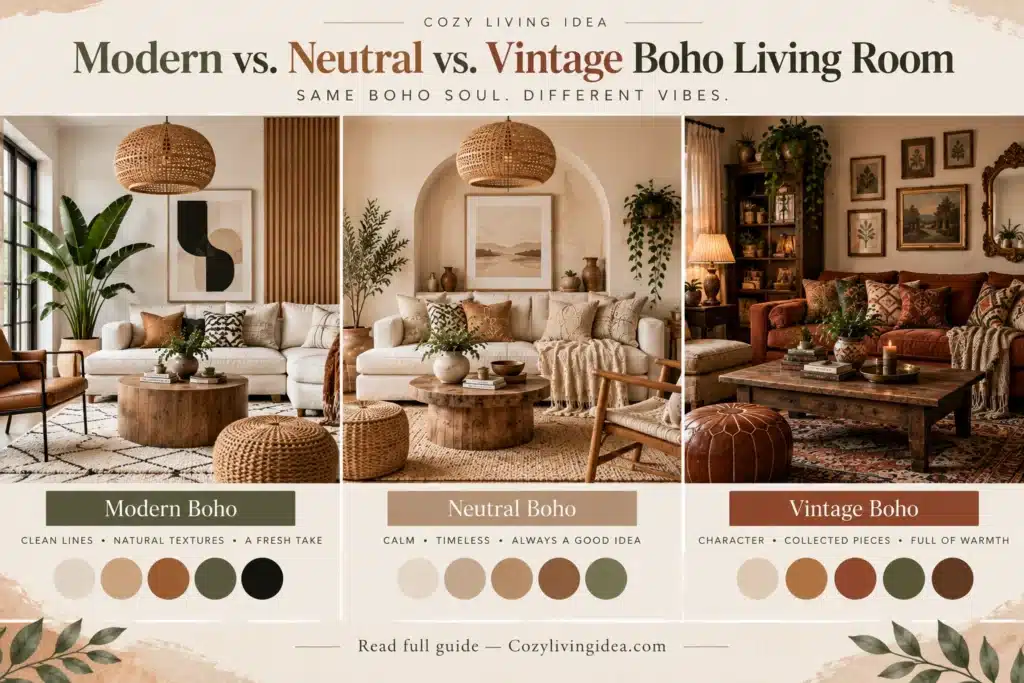 Modern, neutral, and vintage boho living room styles shown side by side with distinct furniture, colors, and textures