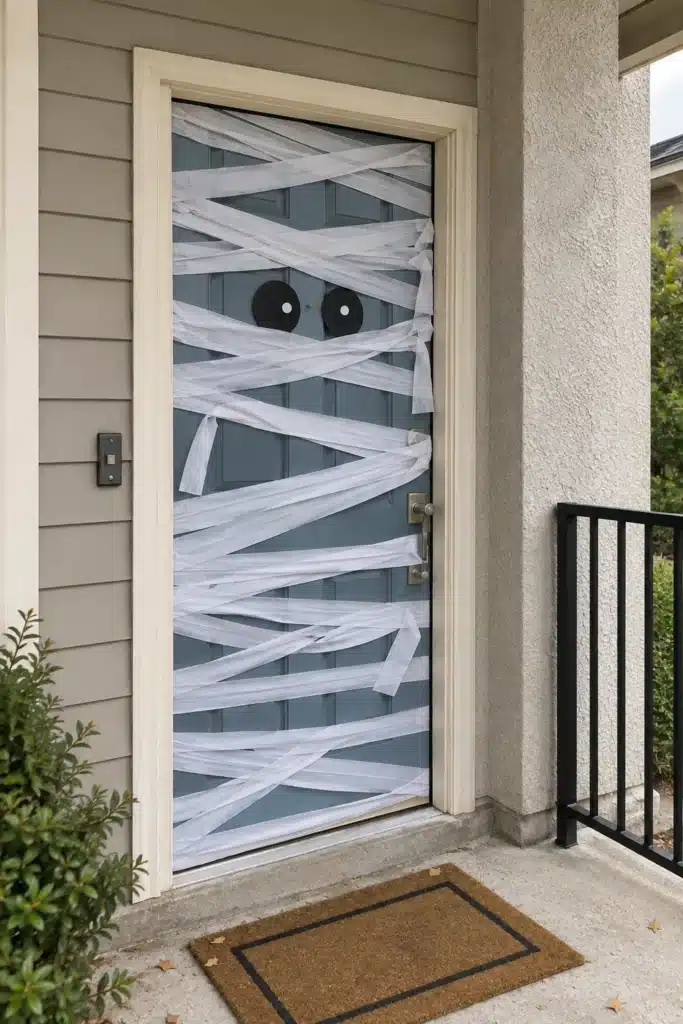 Blue front door wrapped in white streamers with oversized eyes for a mummy Halloween door decor idea