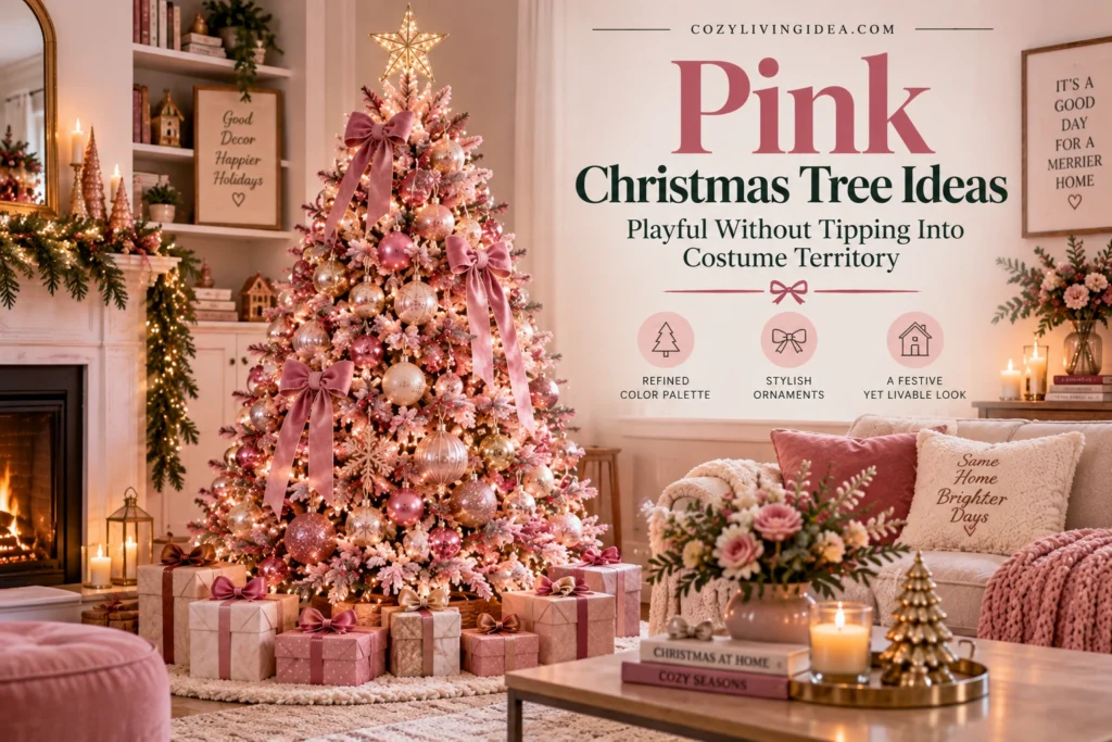 Pink Christmas tree ideas with blush ornaments, champagne gold accents and velvet ribbon