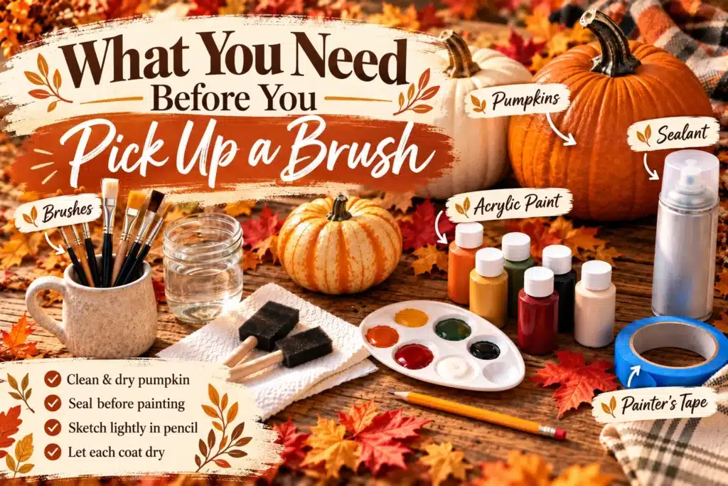 Pumpkin painting supplies and prep checklist with acrylic paint, brushes, sealant, painter's tape, and pumpkins