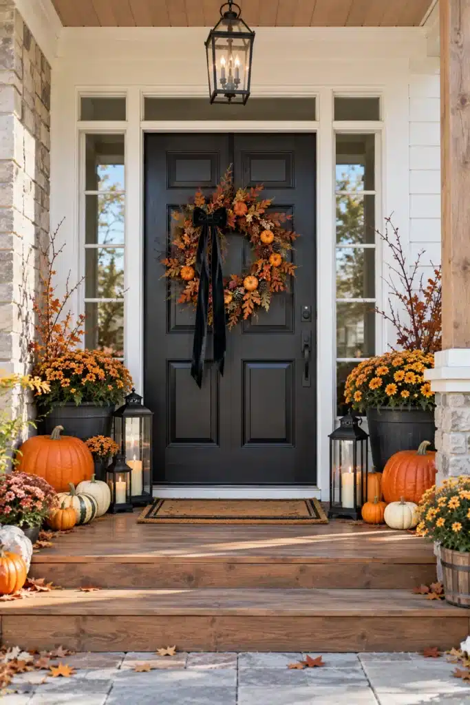 Halloween front door framed with staggered pumpkins and black lanterns on a warm wood porch