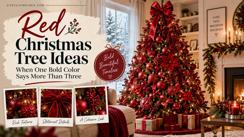 Red Christmas tree ideas with mixed-size red ornaments, velvet ribbon and warm gold accents