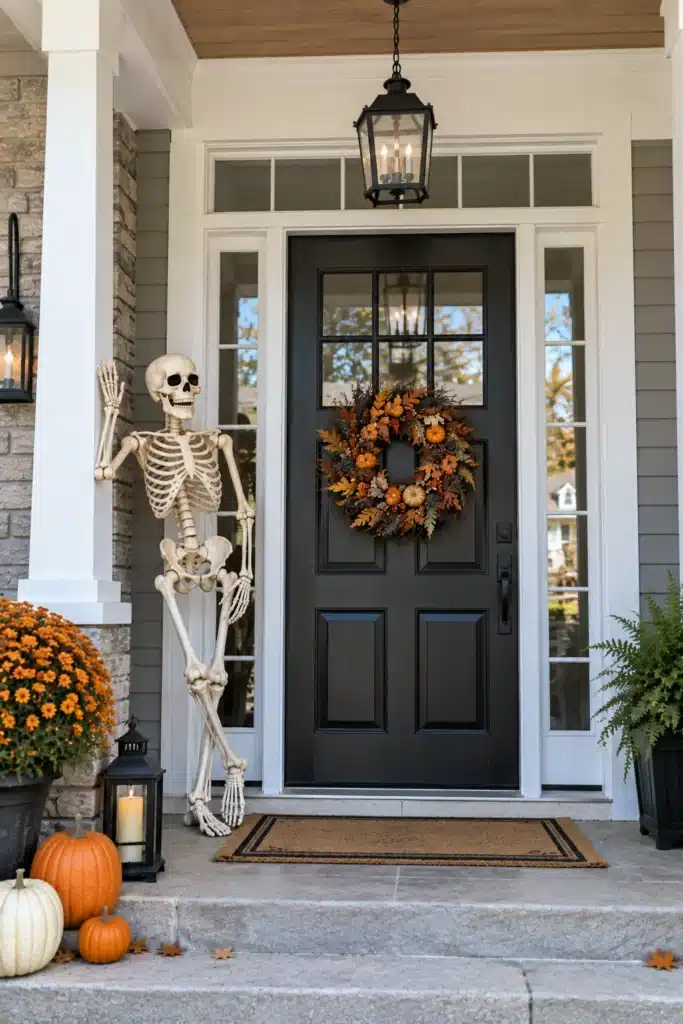 Life-size skeleton leaning beside a black front door with simple Halloween porch decor