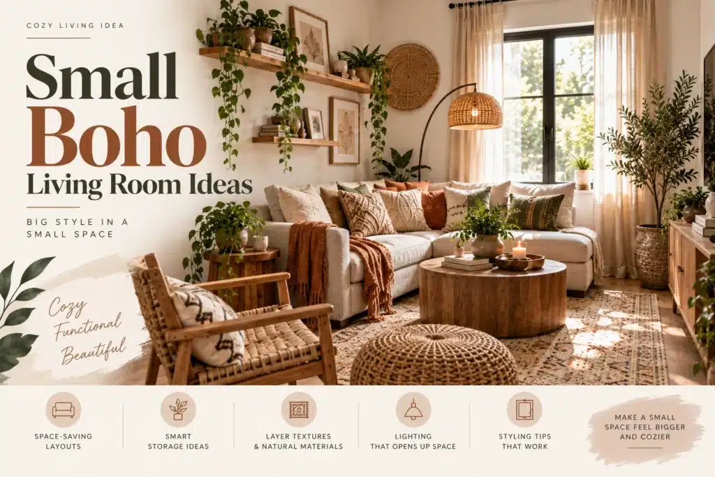 Small boho living room with cream sofa, natural wood furniture, layered rug, plants, and space-saving decor