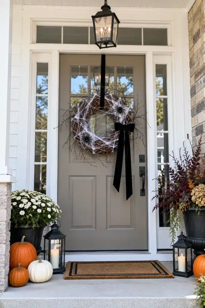 Twig spiderweb Halloween wreath with black spiders and black ribbon on a neutral front door