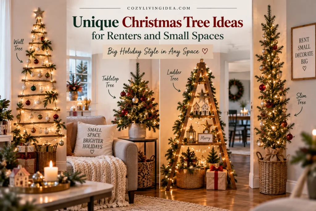 Unique Christmas tree ideas for renters and small spaces including wall, tabletop, ladder and slim trees