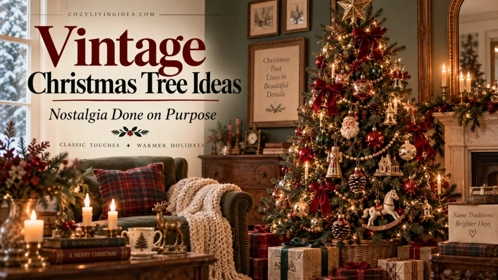 Vintage Christmas tree ideas with nostalgic ornaments, warm lights and classic heirloom-style decorations