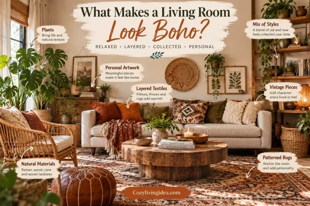 Boho living room with natural wood, rattan, layered textiles, plants, vintage decor, and a patterned rug