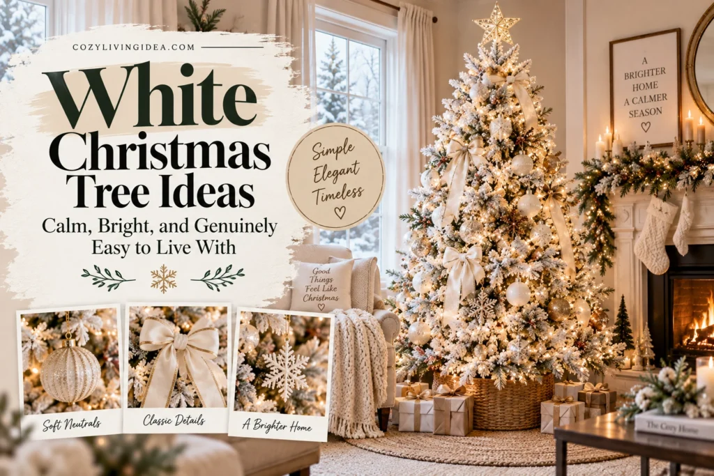 White Christmas tree ideas with flocked branches, cream ornaments, warm white lights and natural accents