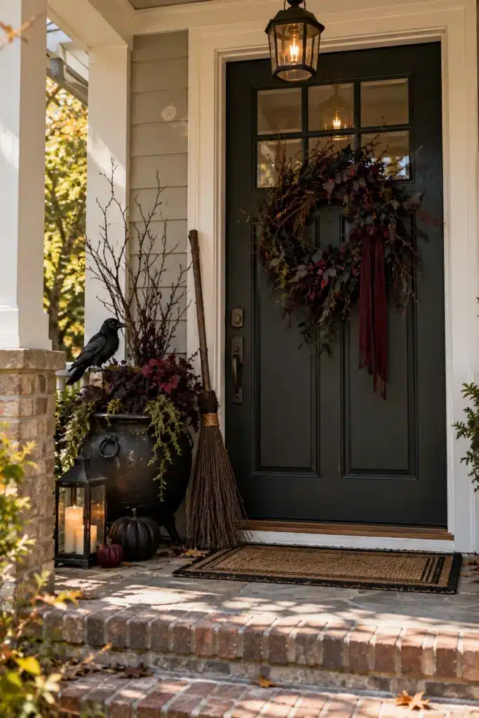 Witch-inspired Halloween front door decor with broom, black raven, cauldron planter and dark branches