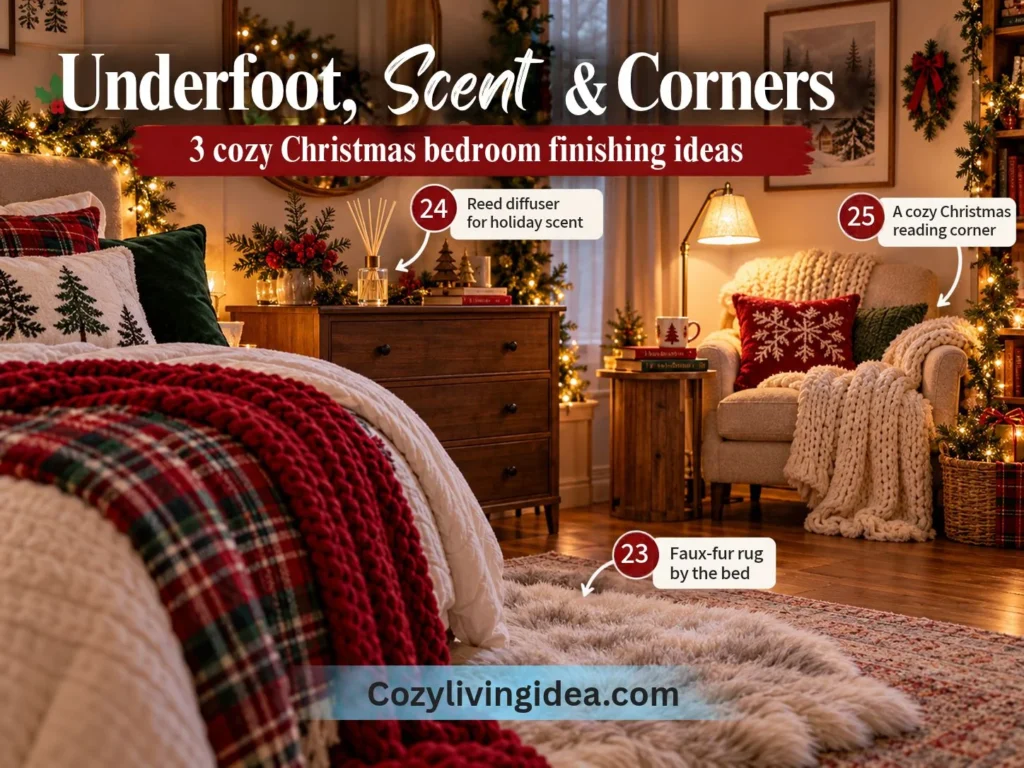 Cozy Christmas bedroom decor with a cream faux-fur rug beside the bed, a reed diffuser on a dresser, and a festive reading corner with a knit throw, books, and warm lighting