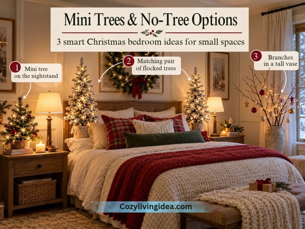 Cozy Christmas bedroom with a lit mini tree on the nightstand, matching flocked Christmas trees beside the bed, and decorative branches with ornaments in a tall vase