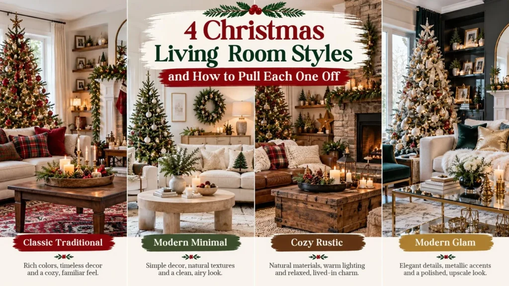 Four Christmas living room decor styles featuring classic traditional, modern minimal, cozy rustic and modern glam interiors with decorated Christmas trees