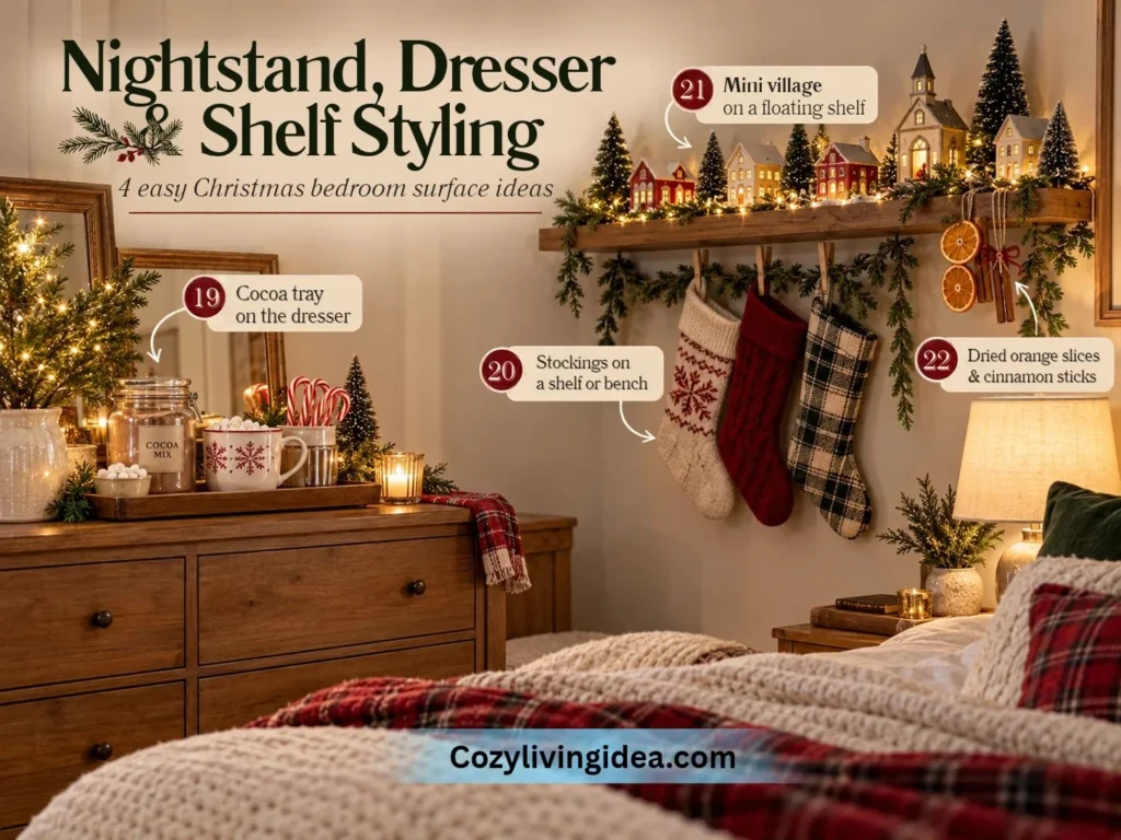 Christmas bedroom decor with a cocoa tray on a dresser, stockings hanging from a shelf, a mini Christmas village display, and dried orange slices with cinnamon sticks