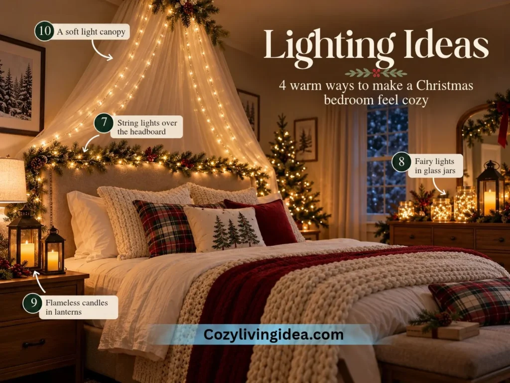 Cozy Christmas bedroom with warm string lights over the headboard, fairy lights in glass jars, flameless candle lanterns, and a softly lit bed canopy