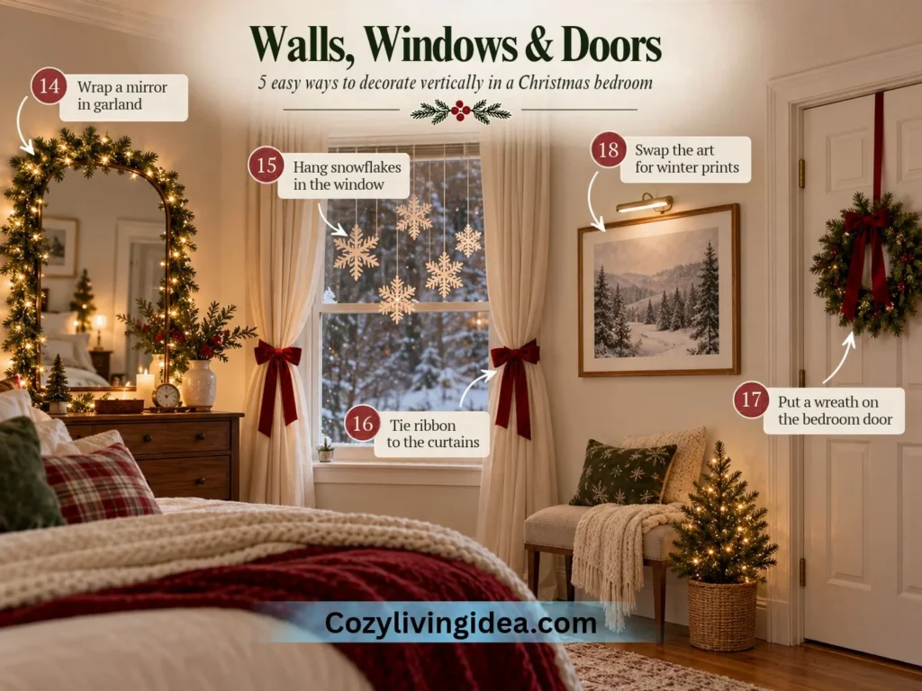 Christmas bedroom decor with a garland-wrapped mirror, paper snowflakes hanging in the window, red ribbon curtain ties, a bedroom door wreath, and framed winter artwork