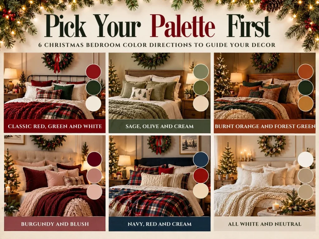 Six Christmas bedroom color palettes featuring classic red, green and white; sage, olive and cream; burnt orange and forest green; burgundy and blush; navy, red and cream; and all-white neutrals