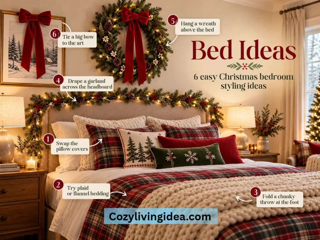 Christmas bedroom decor showing six cozy bed styling ideas with plaid bedding, festive pillows, a chunky knit throw, headboard garland, a Christmas wreath, and a ribbon bow