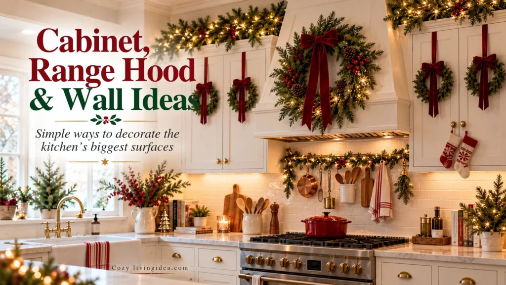 Christmas kitchen with mini cabinet wreaths, red velvet bows, garland and a decorated range hood