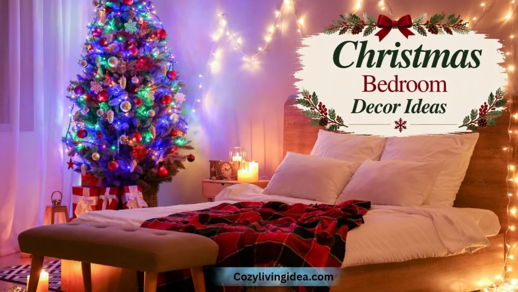 Christmas bedroom decor featuring a colorful illuminated tree, white bedding, a red plaid throw, warm fairy lights around the headboard, and festive bedside decorations.
