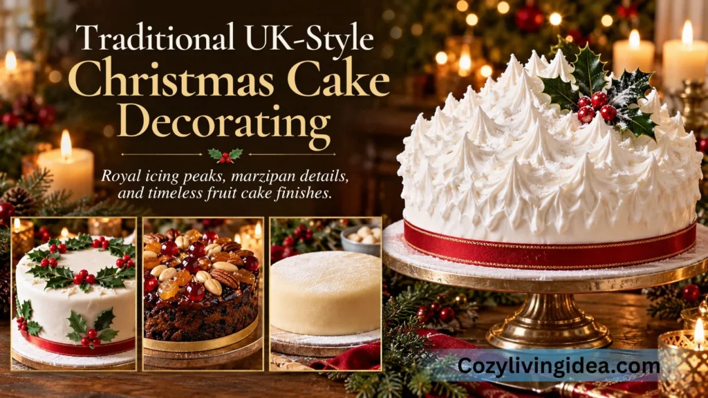 Traditional British Christmas cake decorating ideas featuring snowy white royal icing, marzipan holly and red berries, and a glazed fruit-and-nut cake