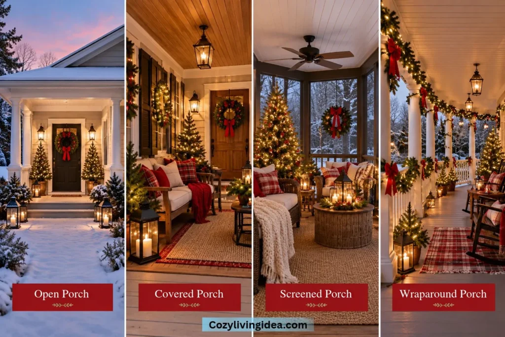 Christmas decor ideas for open, covered, screened and wraparound porches with greenery, lights, lanterns and seating