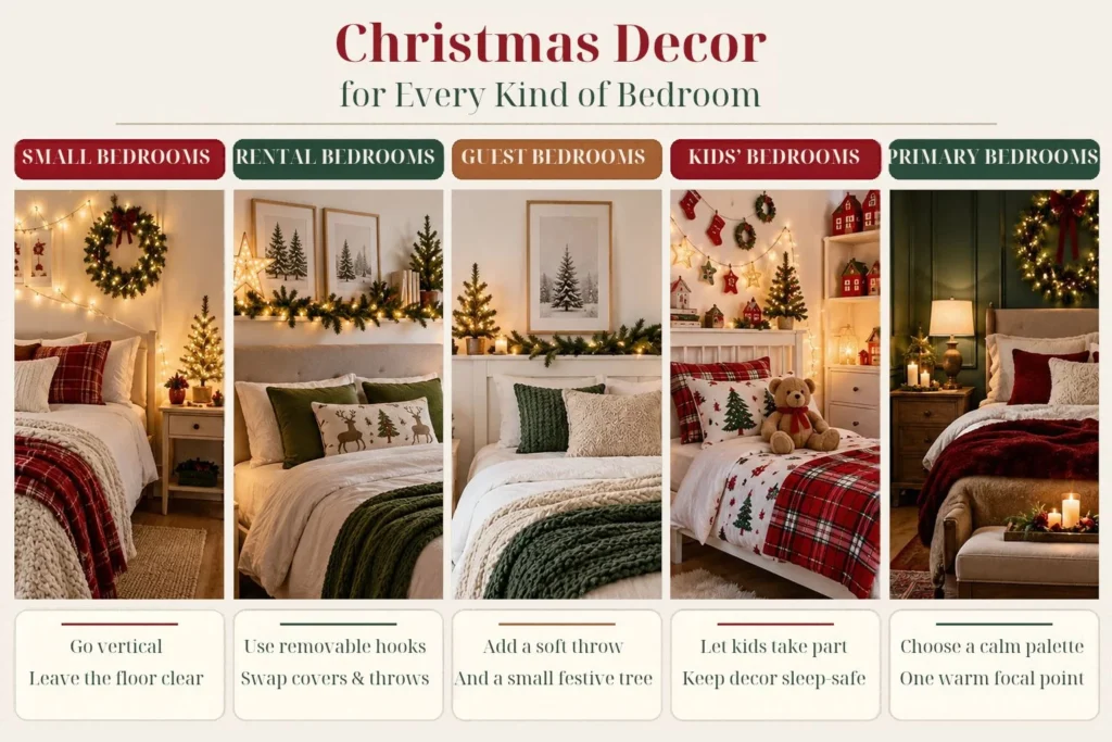 Christmas bedroom decor ideas for small, rental, guest, kids’ and primary bedrooms, featuring festive bedding, mini Christmas trees, greenery, wreaths and warm lighting