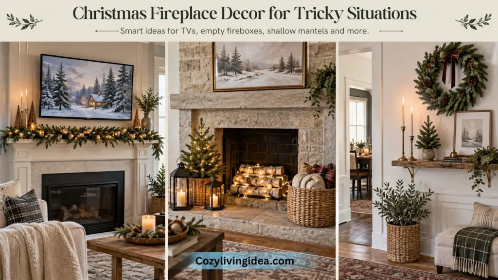 Christmas fireplace decor ideas showing a TV above a decorated mantel, fairy-lit birch logs in an unused firebox, and a narrow shelf styled with a Christmas wreath and candles