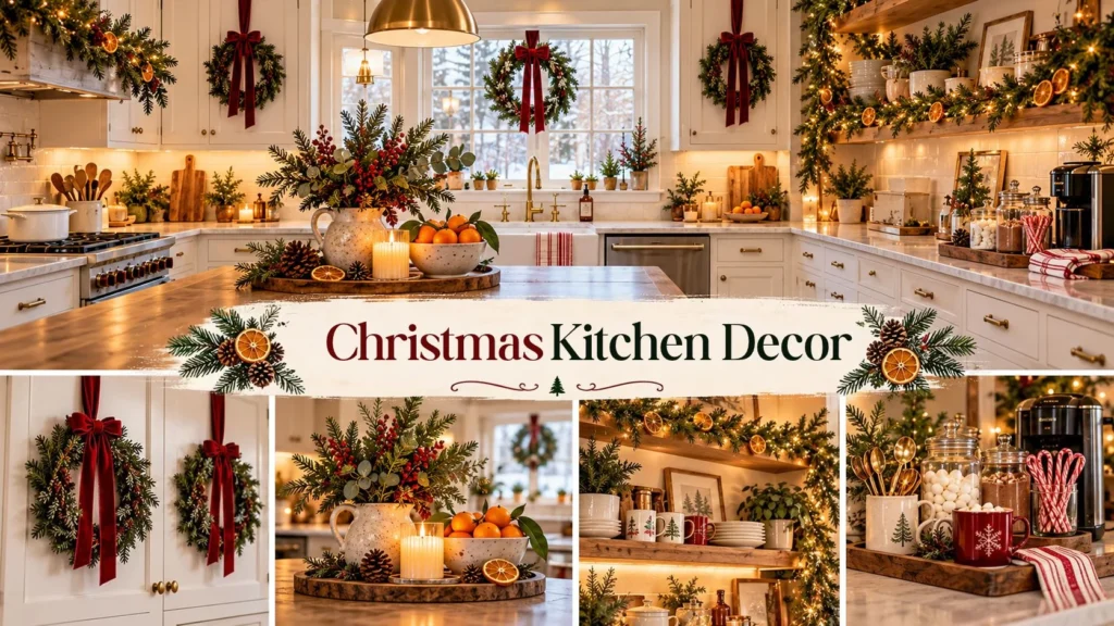 Cozy Christmas kitchen decor featuring cabinet wreaths with red velvet ribbons, evergreen shelf garlands, a festive countertop centerpiece, and a hot cocoa station