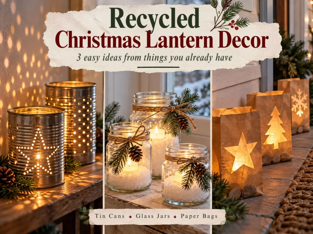 Recycled Christmas lantern decor featuring punched tin can lanterns, glass jars with Epsom salt snow and flameless tealights, and glowing paper bag luminaries
